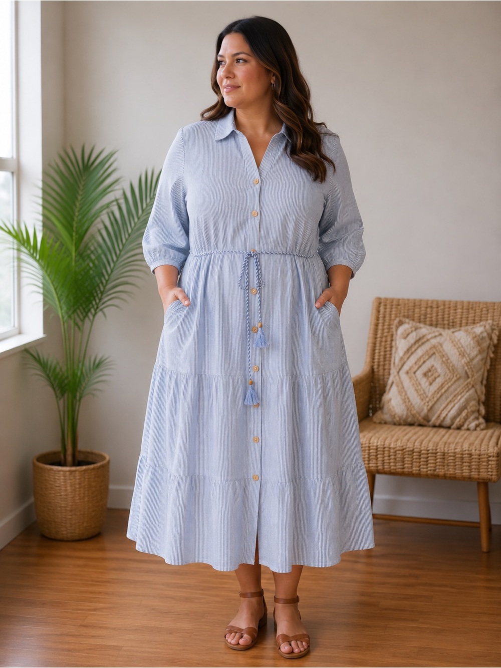 Mlle Gabrielle Light Blue Button-Front Midi Dress with Drawstring